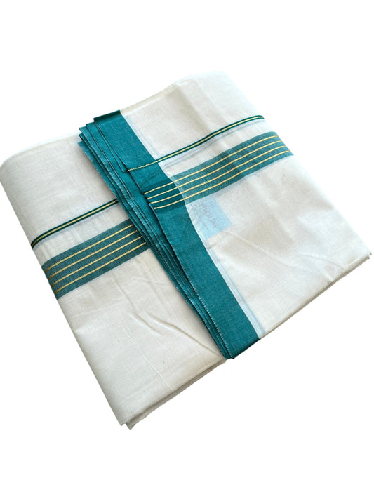 Southloom Pure Cotton Mundu with Golden Lines and Peacock Green Border (South Indian Kerala Dhoti)