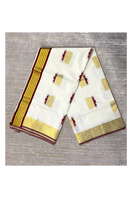 Southloom Kerala Cotton Kasavu Saree with Lotus Woven Work