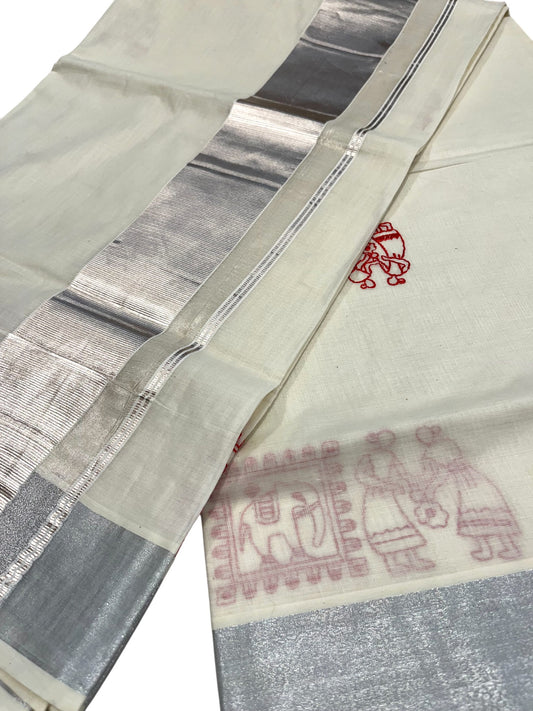 Kerala Cotton Silver Kasavu Saree With Mural Festival Parasol Stripes and Red Elephant Design And Embroidery Work