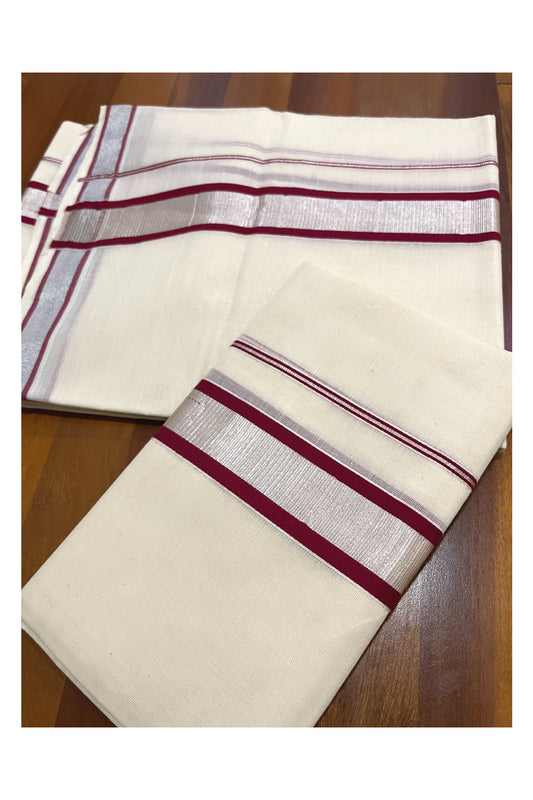 Cotton Set Mundu (Mundum Neriyathum) with Maroon and Silver Kasavu Border 2.80 Mtrs