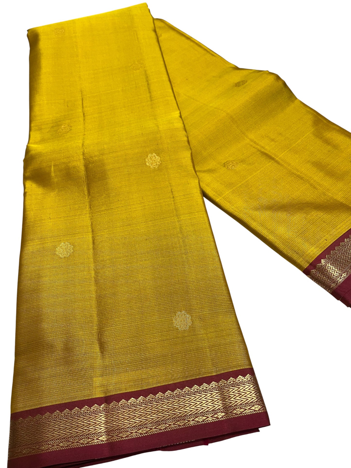 Southloom Premium Handloom Bridal Kanchipuram Silk Saree with Koravi Works (Yellow & Maroon)