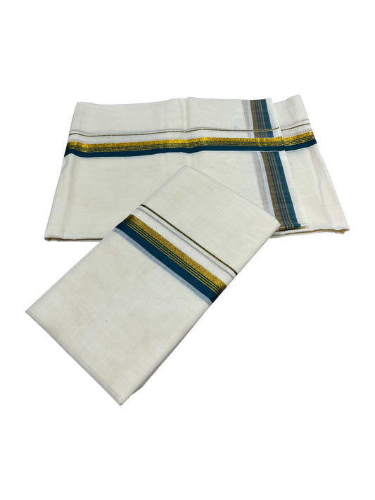 Pure Cotton Kerala Single Set Mundu (Mundum Neriyathum) with Green Kasavu Border