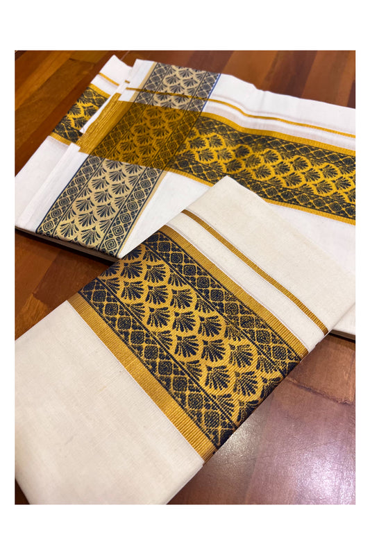 Kerala Pure Cotton Set Mundu Single (Mundum Neriyathum) with Blue Block Prints on Kasavu Border