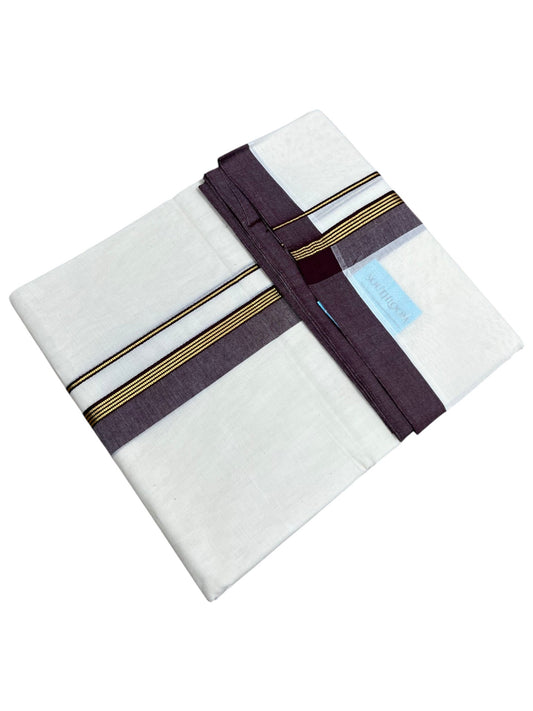 Southloom Pure Cotton Mundu with Gold Lines and Purple Border (South Indian Kerala Dhoti)