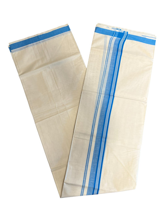 Southloom Pure Cotton Double Mundu With White Lines & Blue Border (South Indian Kerala Dhoti)