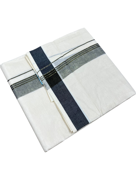Southloom Kerala Pure Cotton Double Mundu with Black and Olive Green Border (South Indian Dhoti)