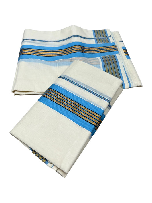 Kerala Cotton Kasavu Set Mundu (Mundum Neriyathum) with Black and Gold Lines Blue Border(2.80)