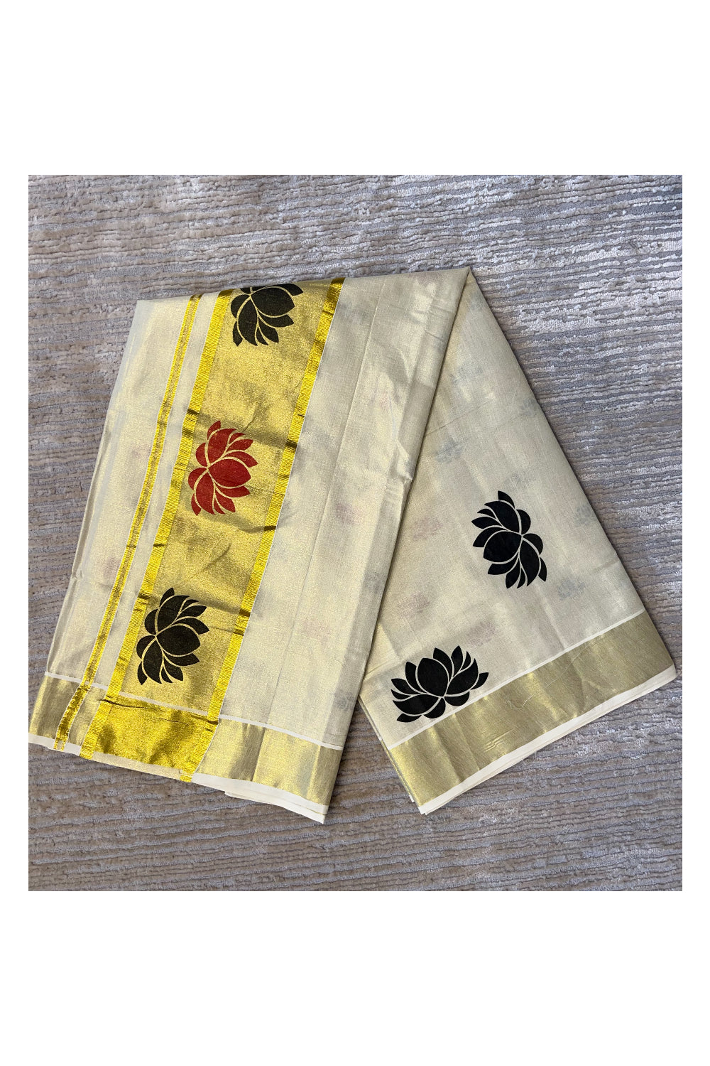 Southloom Kerala Tissue Saree with Black And Red Lotus Block Prints On Kasavu Border