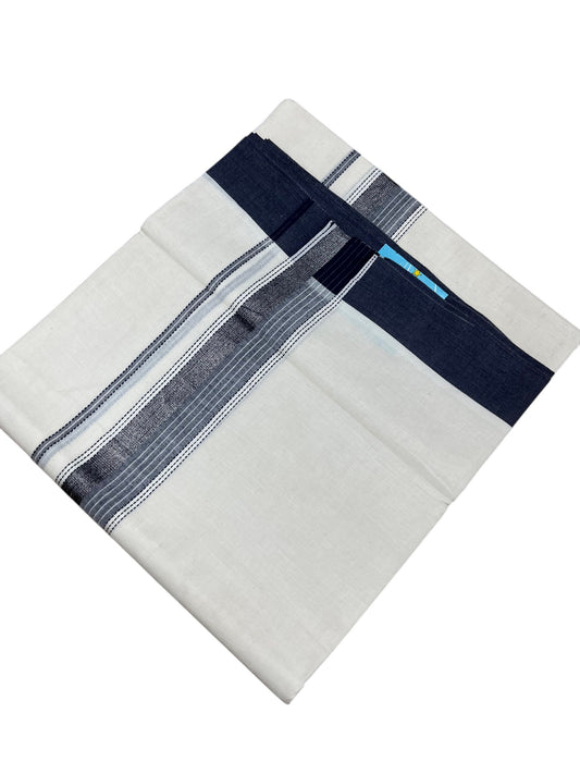 Southloom Kerala Pure Cotton Double Mundu with Silver Lines and Blue and Grey Border with (South Indian Dhoti)
