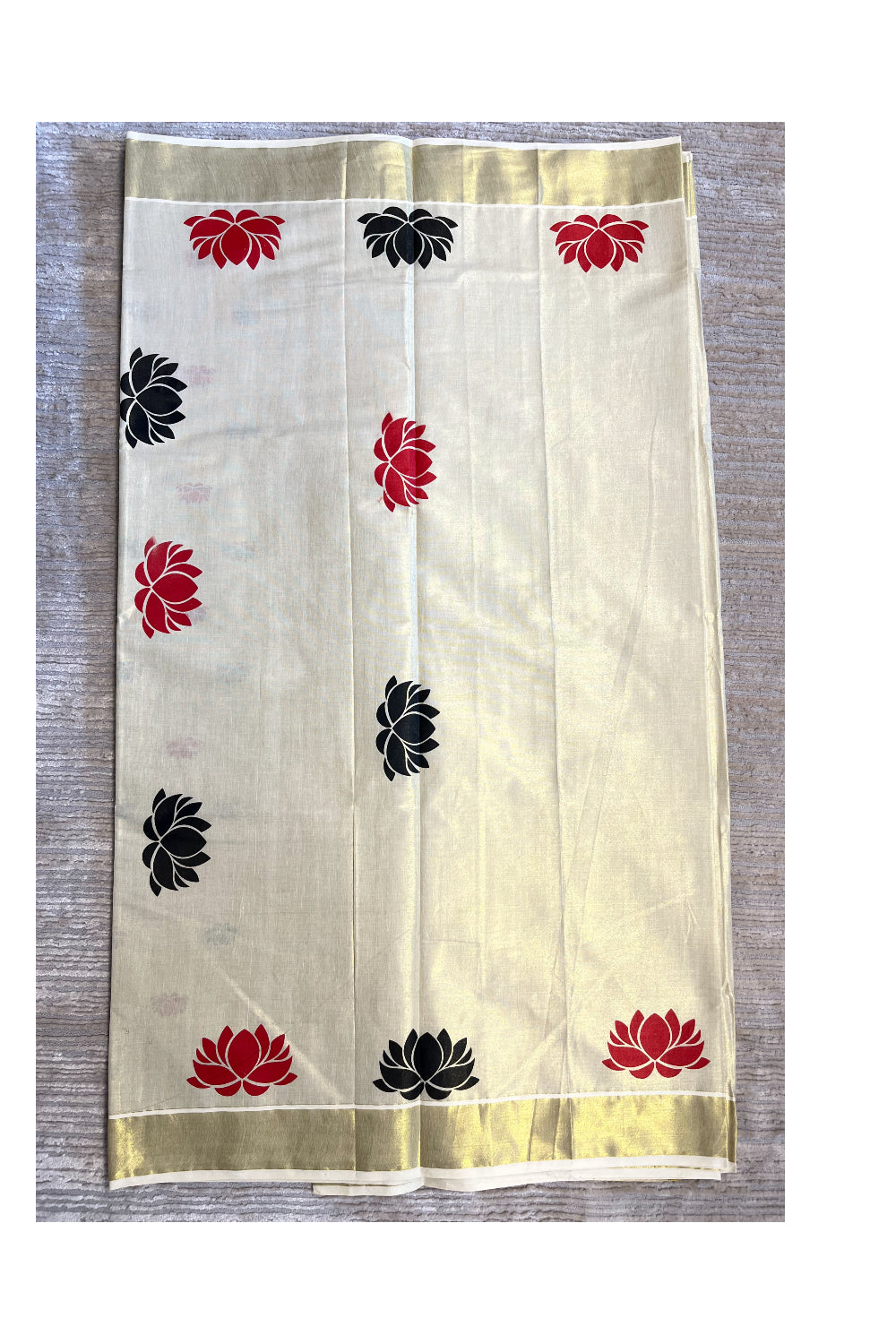 Southloom Kerala Tissue Saree with Black And Red Lotus Block Prints On Kasavu Border