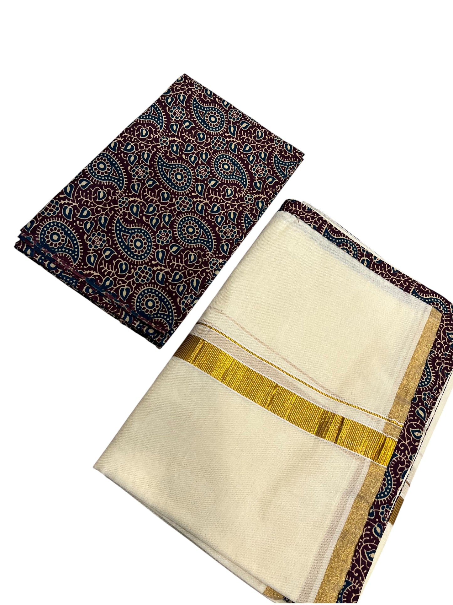 Southloom Semi Stitched Cotton Dhavani Set with Pavada and Ajrakh Blouse Piece