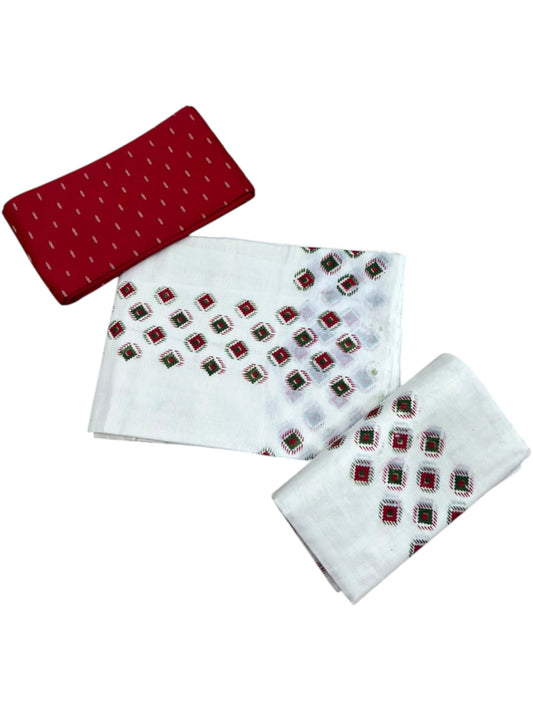 Southloom Kerala Pure Cotton Set Mundu Single (Mundum Neriyathum) with Digital Prints on Green & Red Border in 2.80 Mtrs SL570