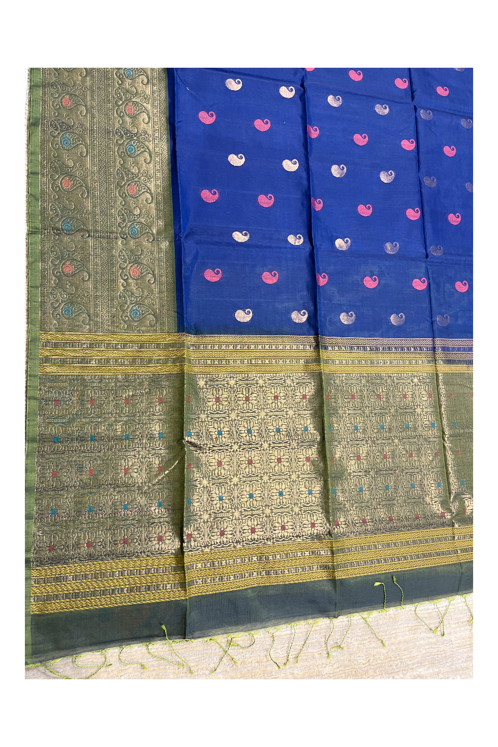Southloom Pure Handloom Cotton Silk Saree With Handwoven Work Across Body and Blouse in Blue And Green
