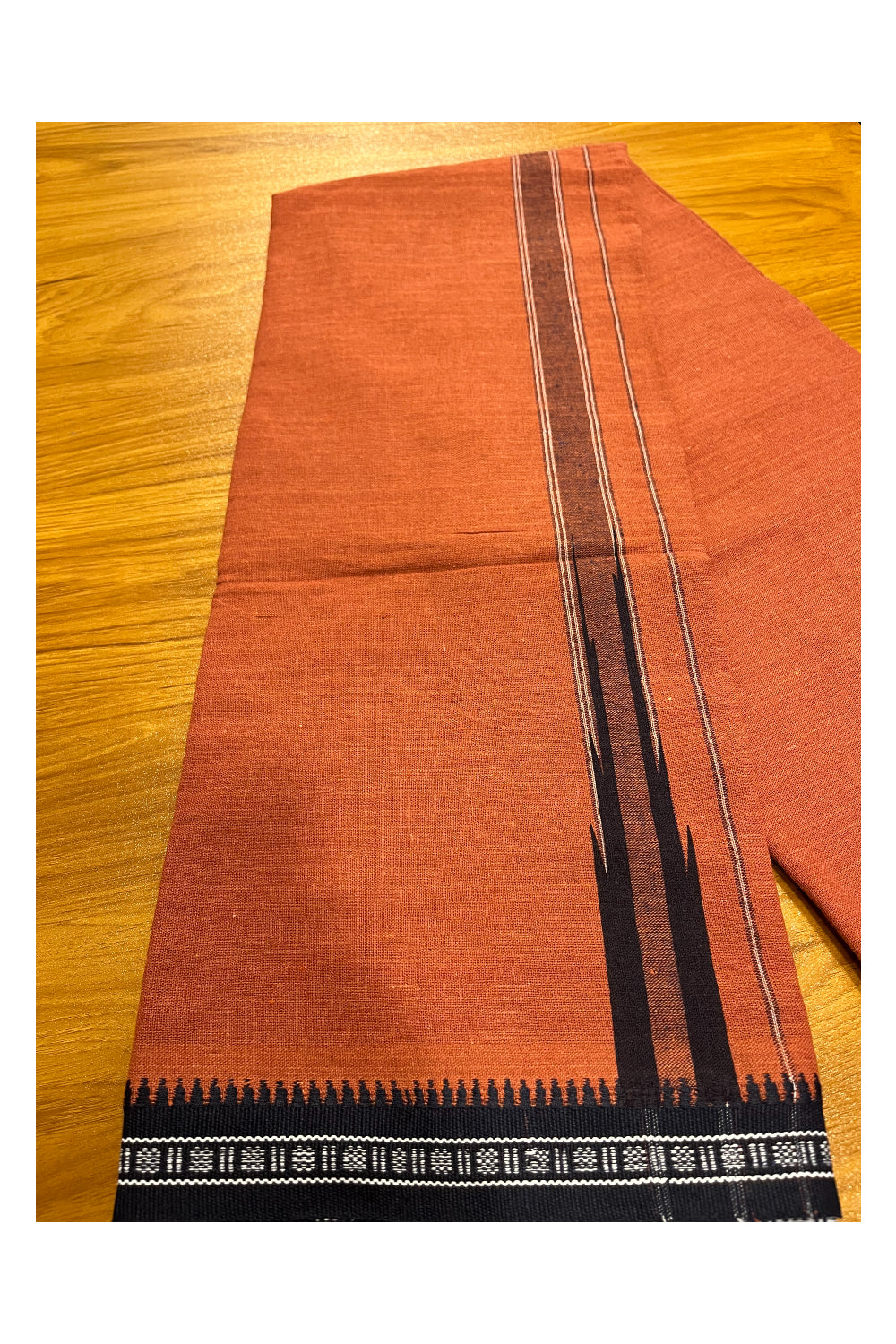 Southloom Saffron (Kaavi) Blue Printed Single Mundu / Lungi (South Indian Kerala Dhoti)