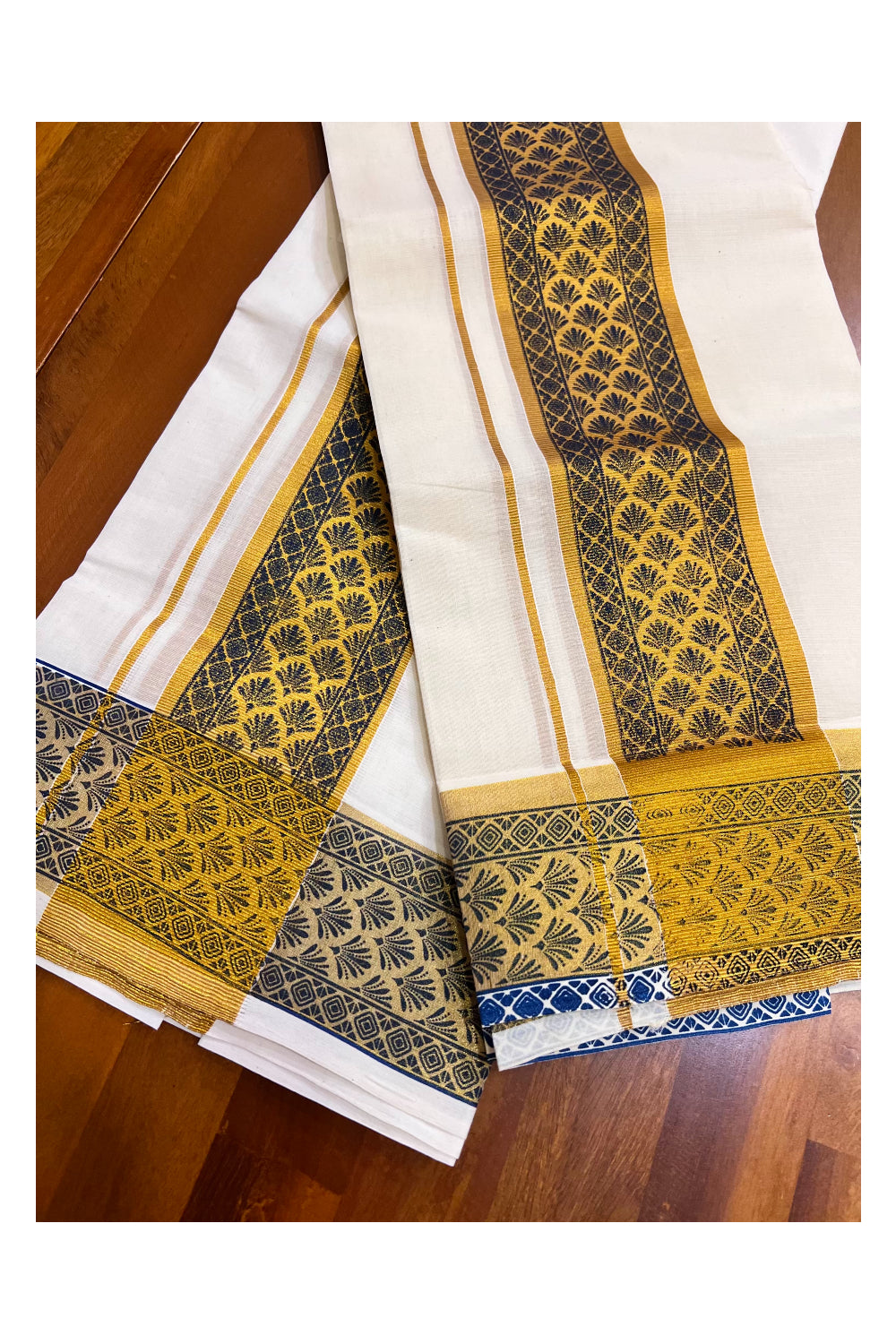 Kerala Pure Cotton Set Mundu Single (Mundum Neriyathum) with Blue Block Prints on Kasavu Border