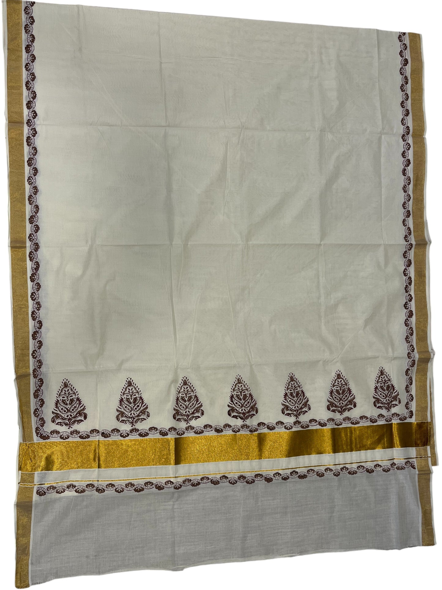 Southloom Cotton Kerala Kasavu Saree with Brown and Maroon Block Prints On Border