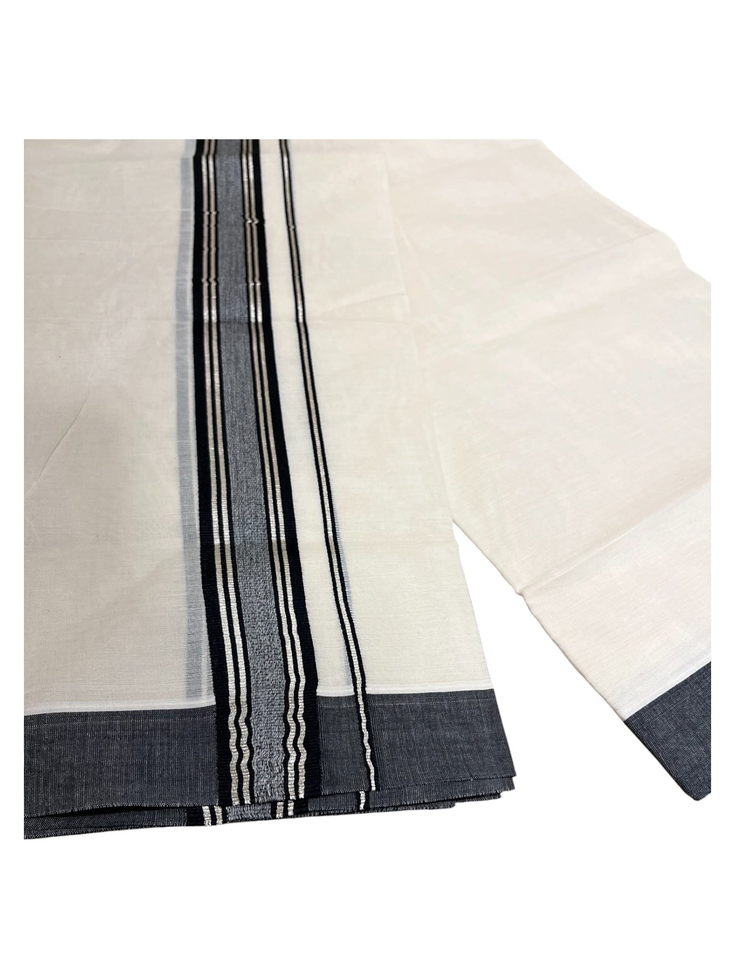 Southloom Pure Cotton Double Mundu With Silver Line Kasavu &Black Border (South Indian Kerala Dhoti)
