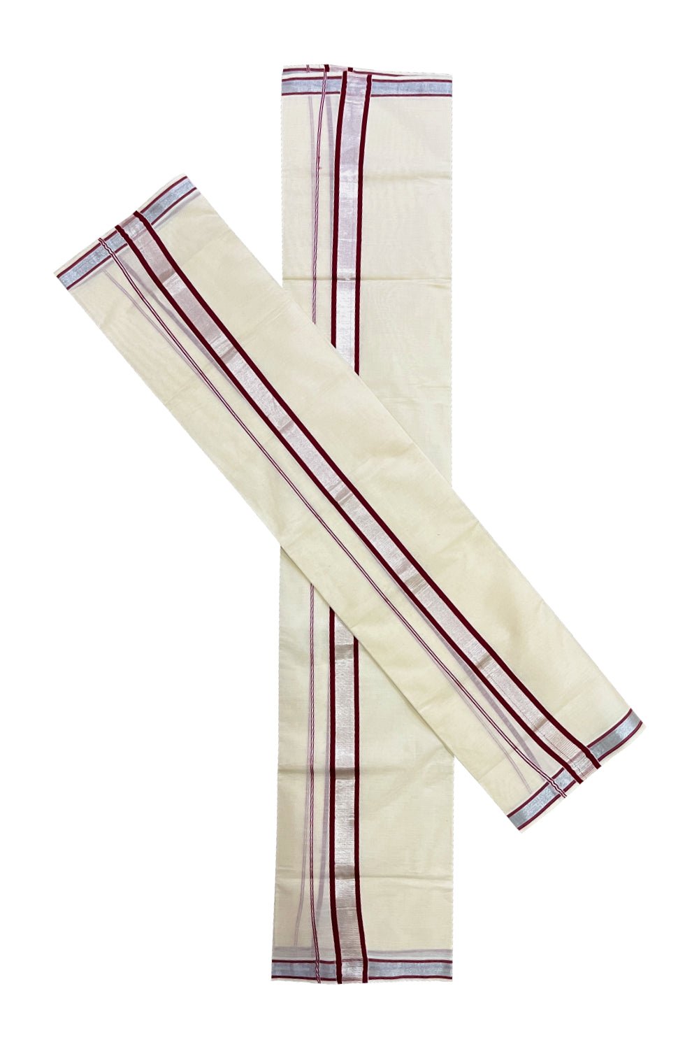 Cotton Set Mundu (Mundum Neriyathum) with Maroon and Silver Kasavu Border 2.80 Mtrs