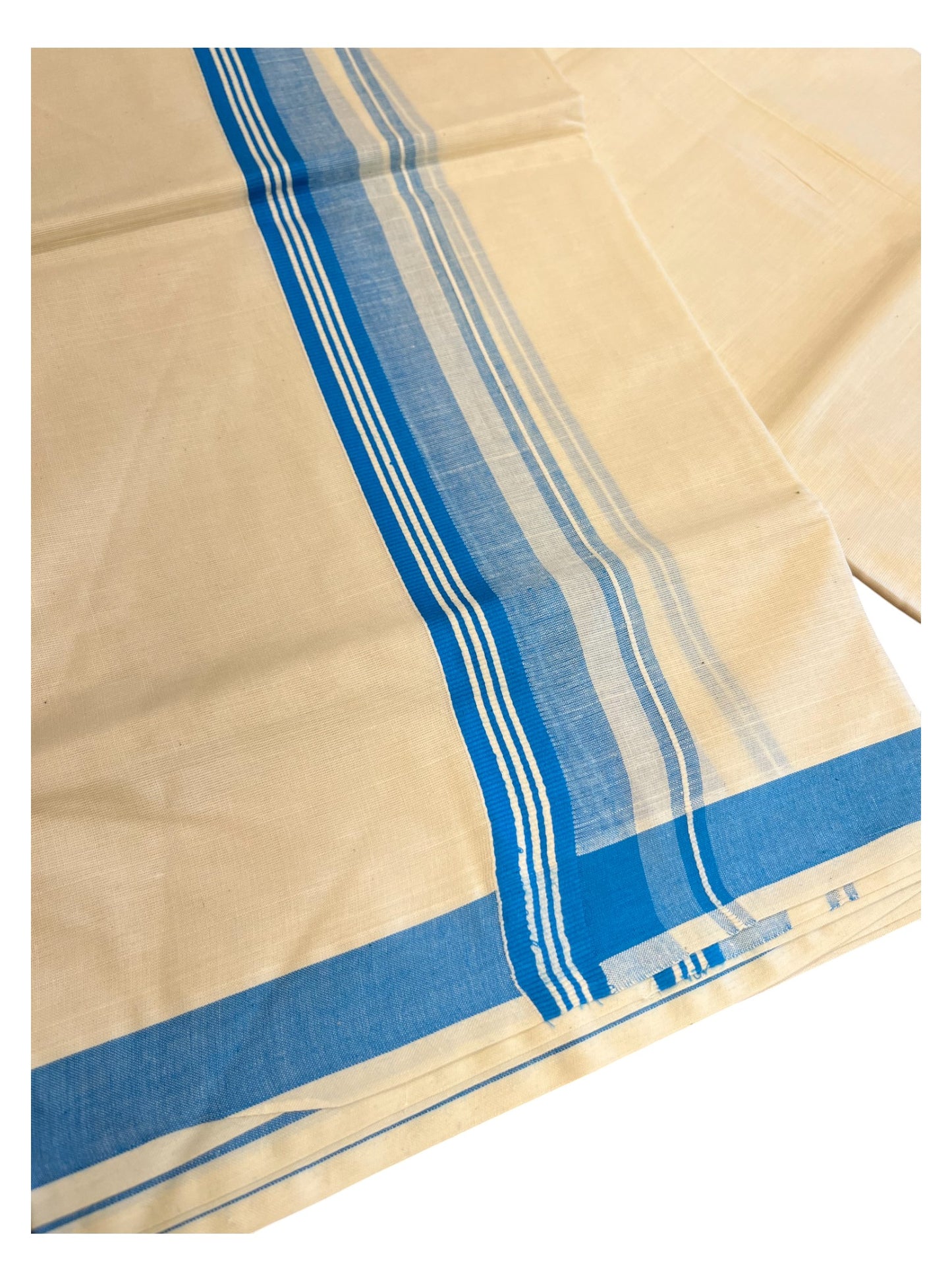 Southloom Pure Cotton Double Mundu With White Lines & Blue Border (South Indian Kerala Dhoti)