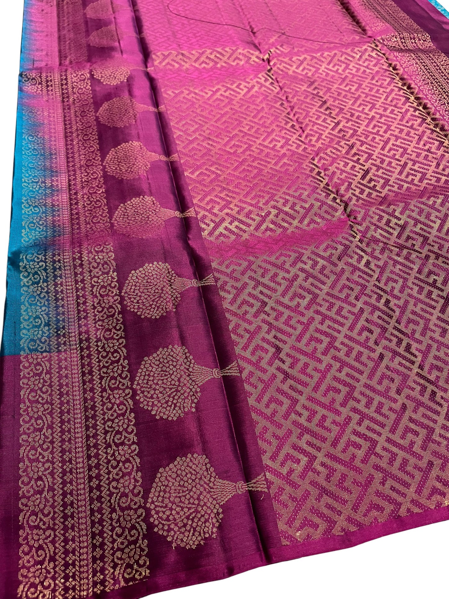 Southloom Pure Handloom Bridal Kanchipuram Silk Saree with Korvai Work (Blue& Purple)