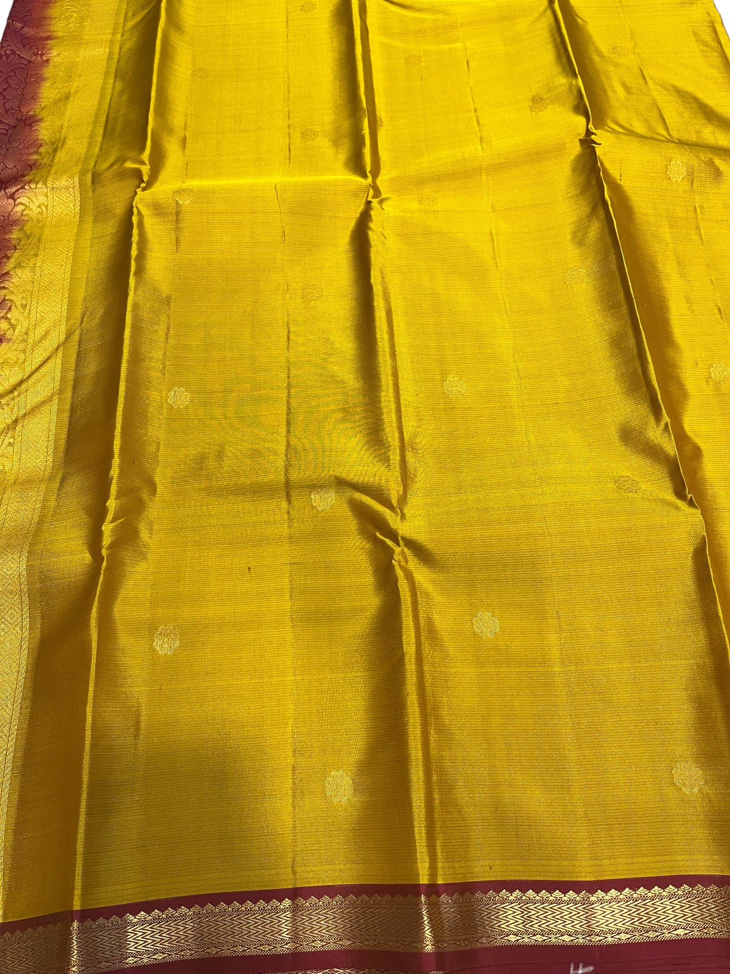 Southloom Premium Handloom Bridal Kanchipuram Silk Saree with Koravi Works (Yellow & Maroon)