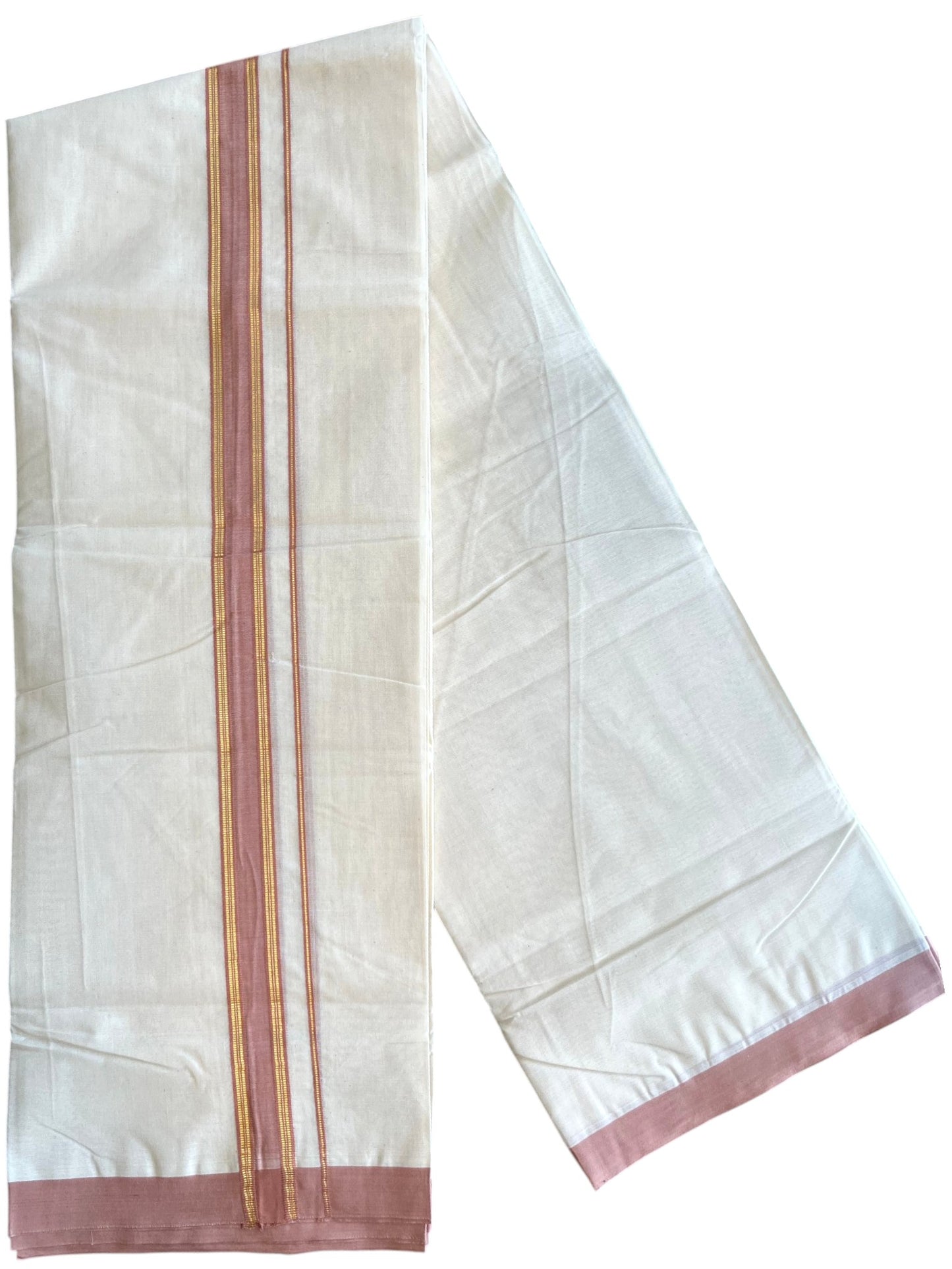 Southloom Pure Cotton Mundu with Golden Lines and Peach Border (South Indian Kerala Dhoti)
