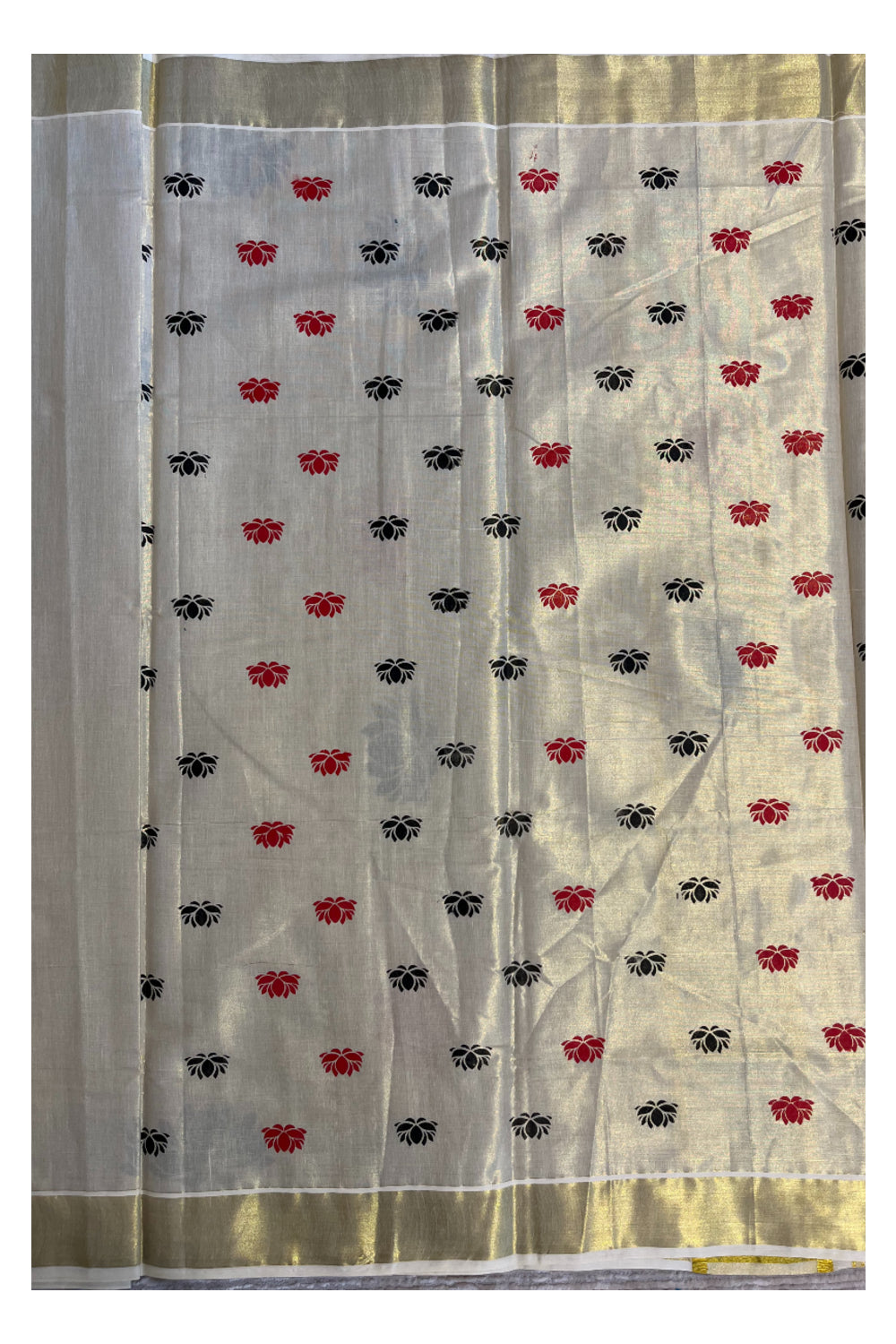 Southloom Kerala Tissue Saree with Black And Red Lotus Block Prints On Kasavu Border