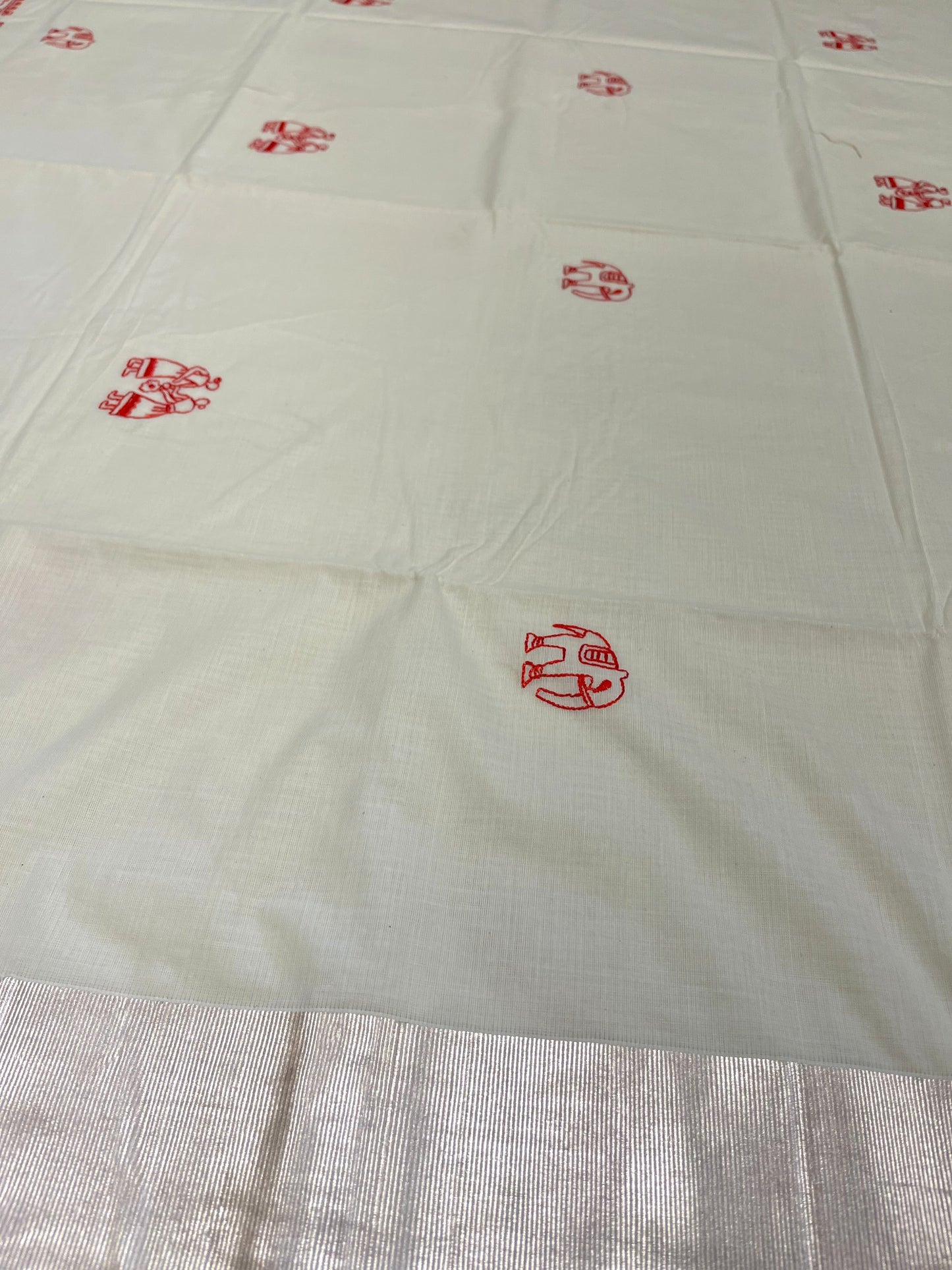 Kerala Cotton Silver Kasavu Saree With Mural Festival Parasol Stripes and Red Elephant Design And Embroidery Work