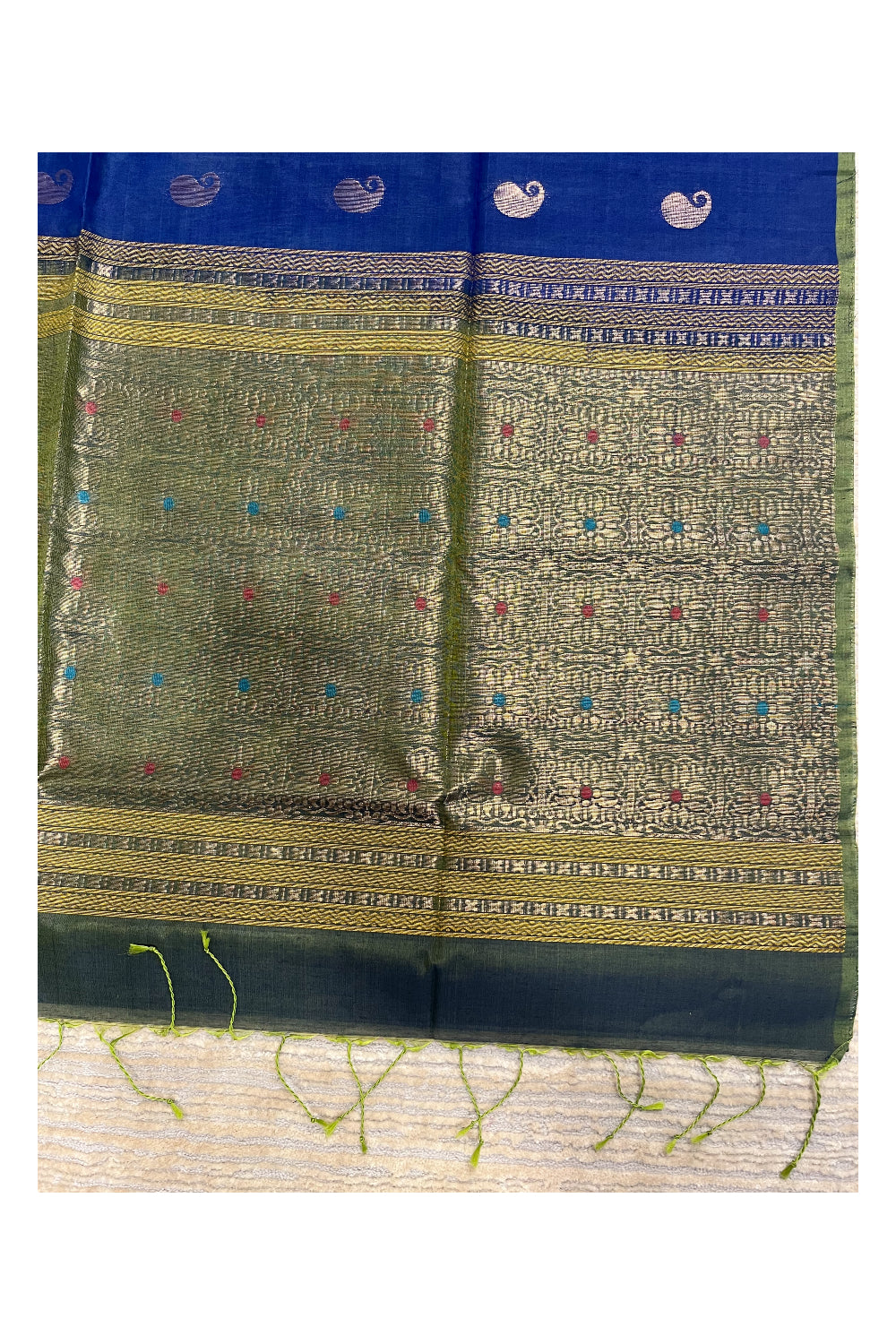 Southloom Pure Handloom Cotton Silk Saree With Handwoven Work Across Body and Blouse in Blue And Green