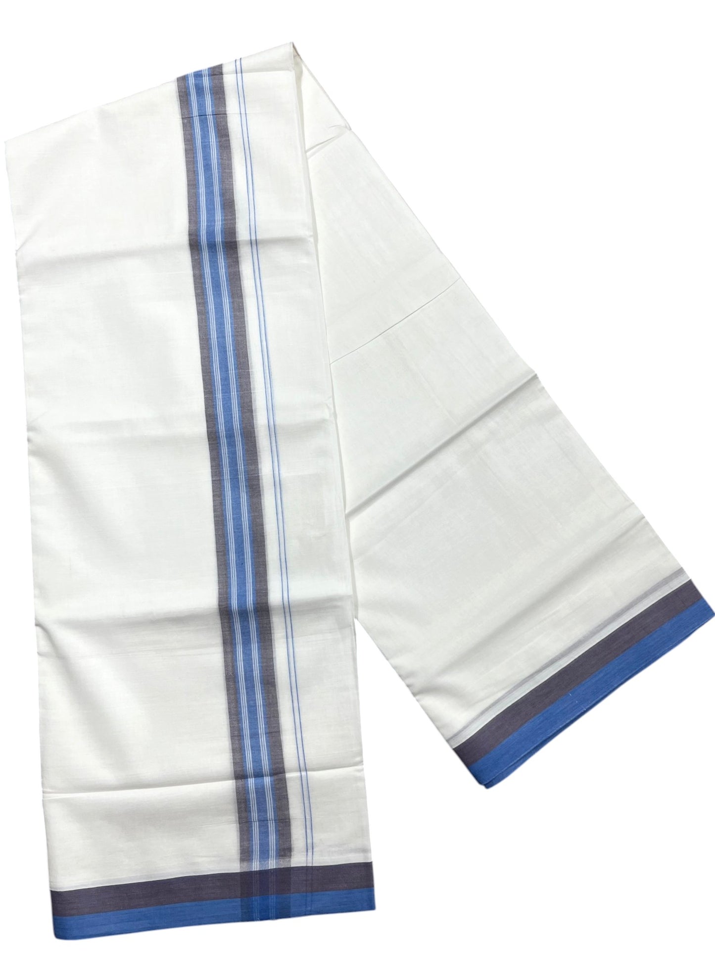 Southloom Pure Cotton Mundu with Blue & Gray Border (South Indian Kerala Dhoti)