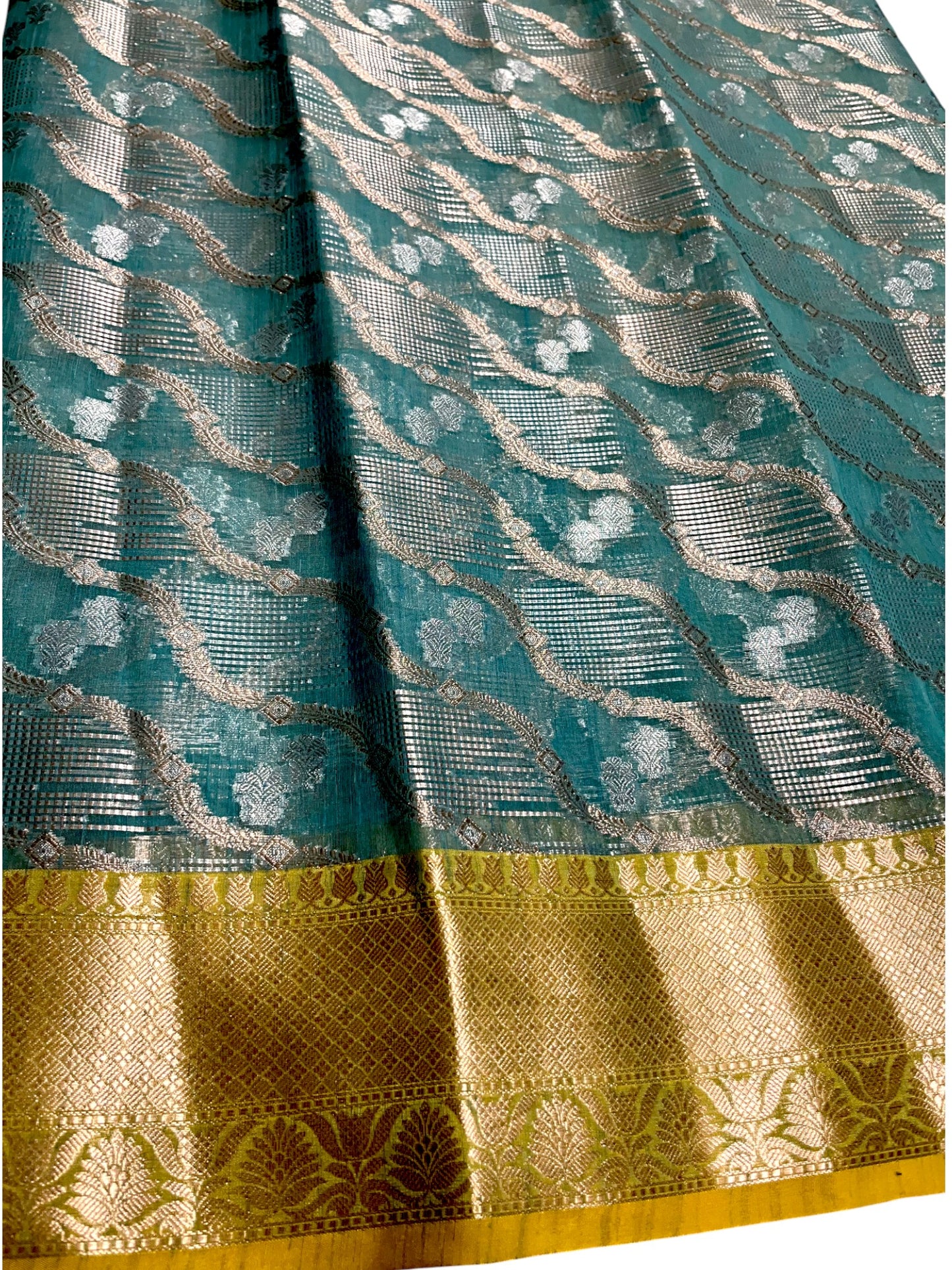 Southloom Tissue Banarasi Silk Saree with Woven Work on Body and Borders (Blue & Green)
