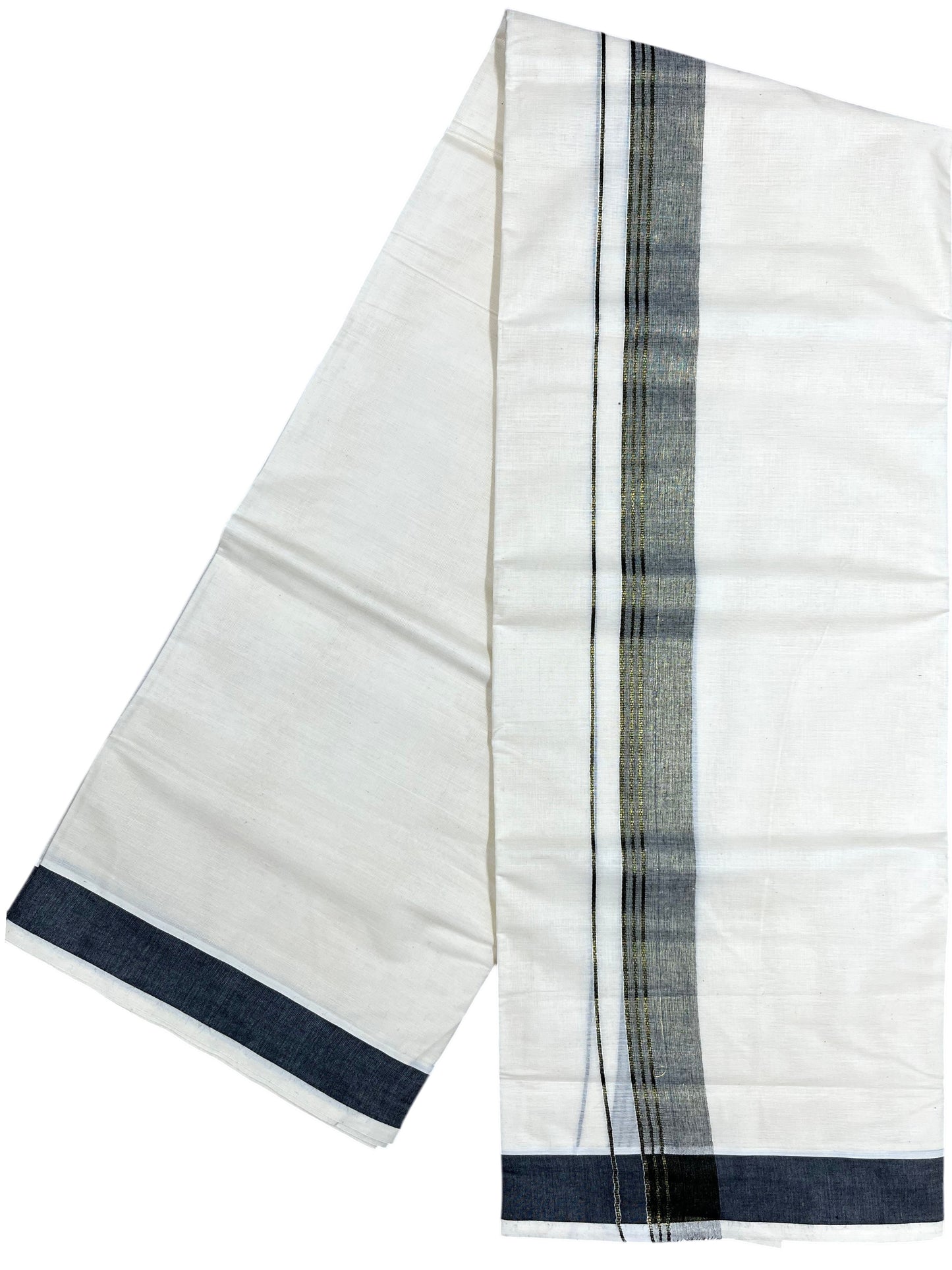 Southloom Kerala Pure Cotton Double Mundu with Black and Olive Green Border (South Indian Dhoti)
