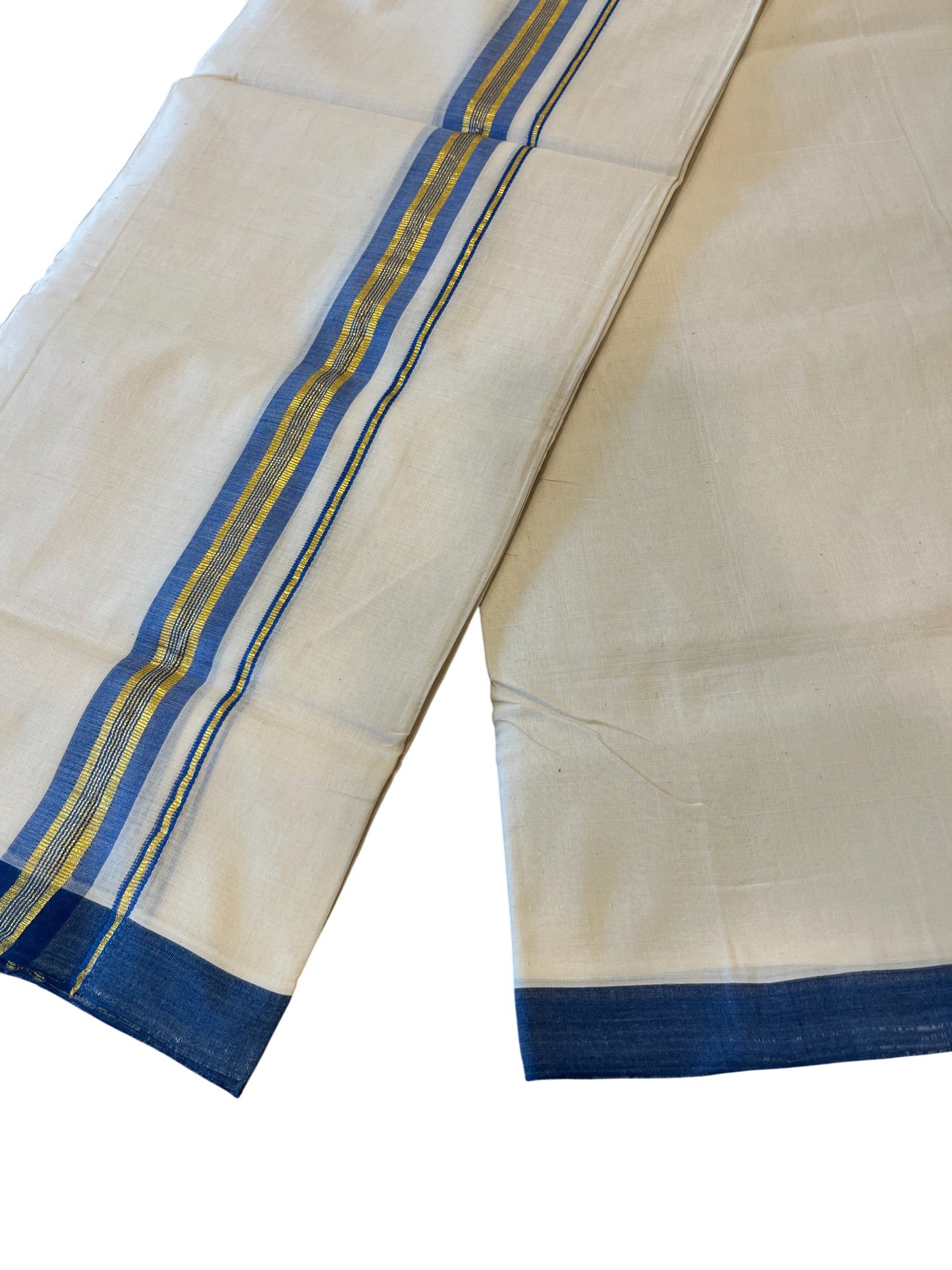 Southloom Premium Handloom Cotton Double Mundu with Gold and Blue Border