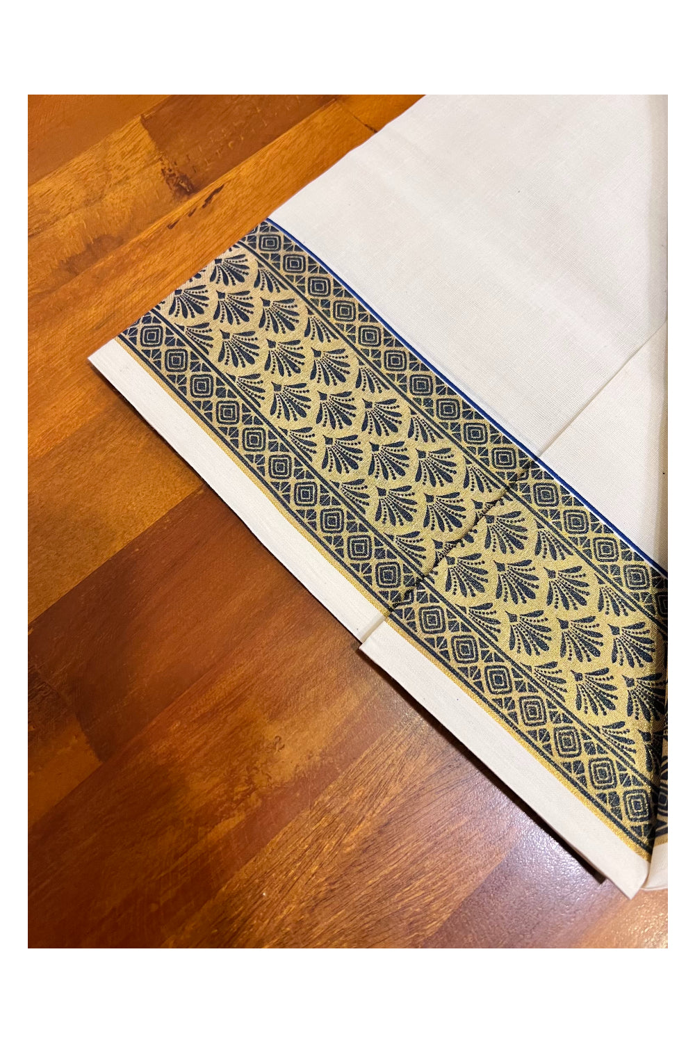 Kerala Pure Cotton Set Mundu Single (Mundum Neriyathum) with Blue Block Prints on Kasavu Border