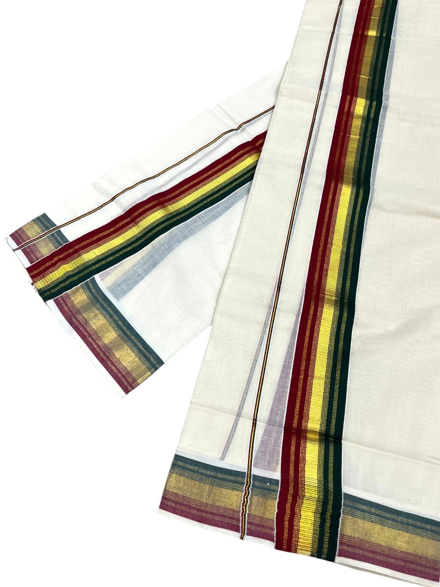 Southloom Kerala Cotton Kasavu Single Set Mundu (Mundum Neriyathum) with Maroon and Green Kasavu Border SLKK SL480