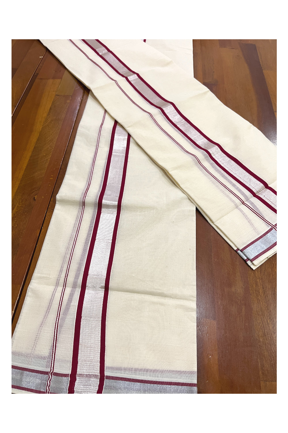 Cotton Set Mundu (Mundum Neriyathum) with Maroon and Silver Kasavu Border 2.80 Mtrs