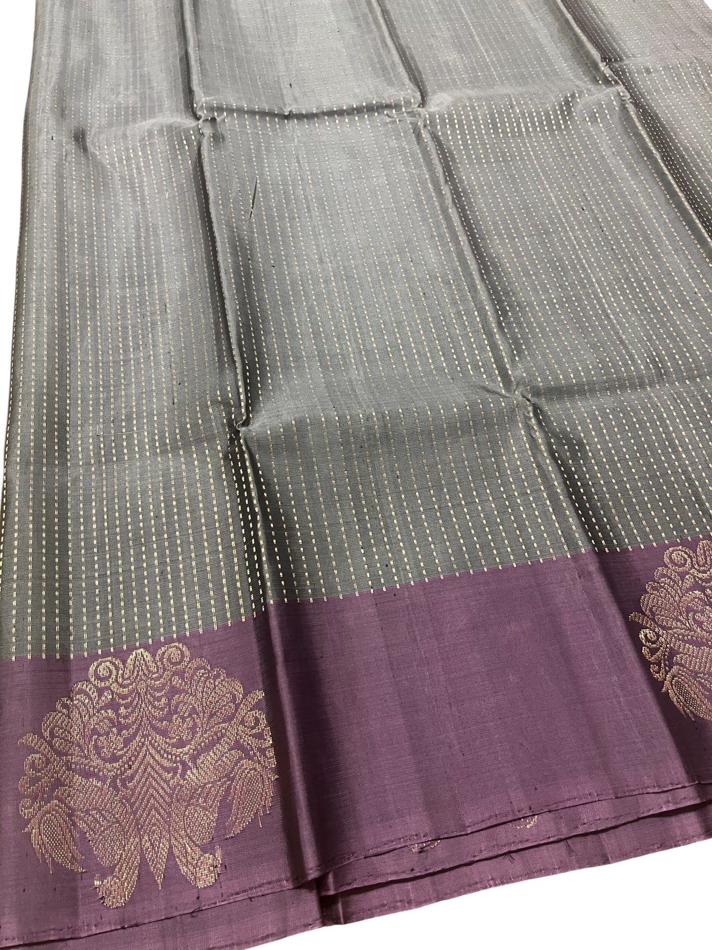 Southloom Pure Handloom Bridal Kanchipuram Silk Saree with Korvai Work(Gray & Lavander)