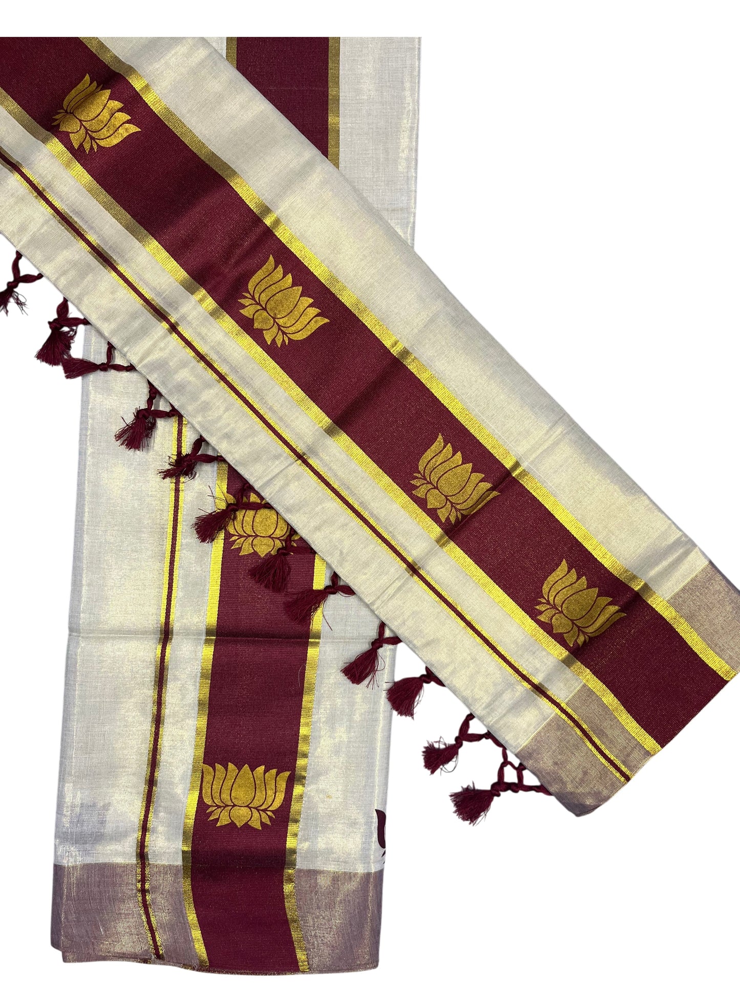 Southloom Kerala Cotton Kasavu Single Set Mundu (Mundum Neriyathum) with Lotus Design in Maroon