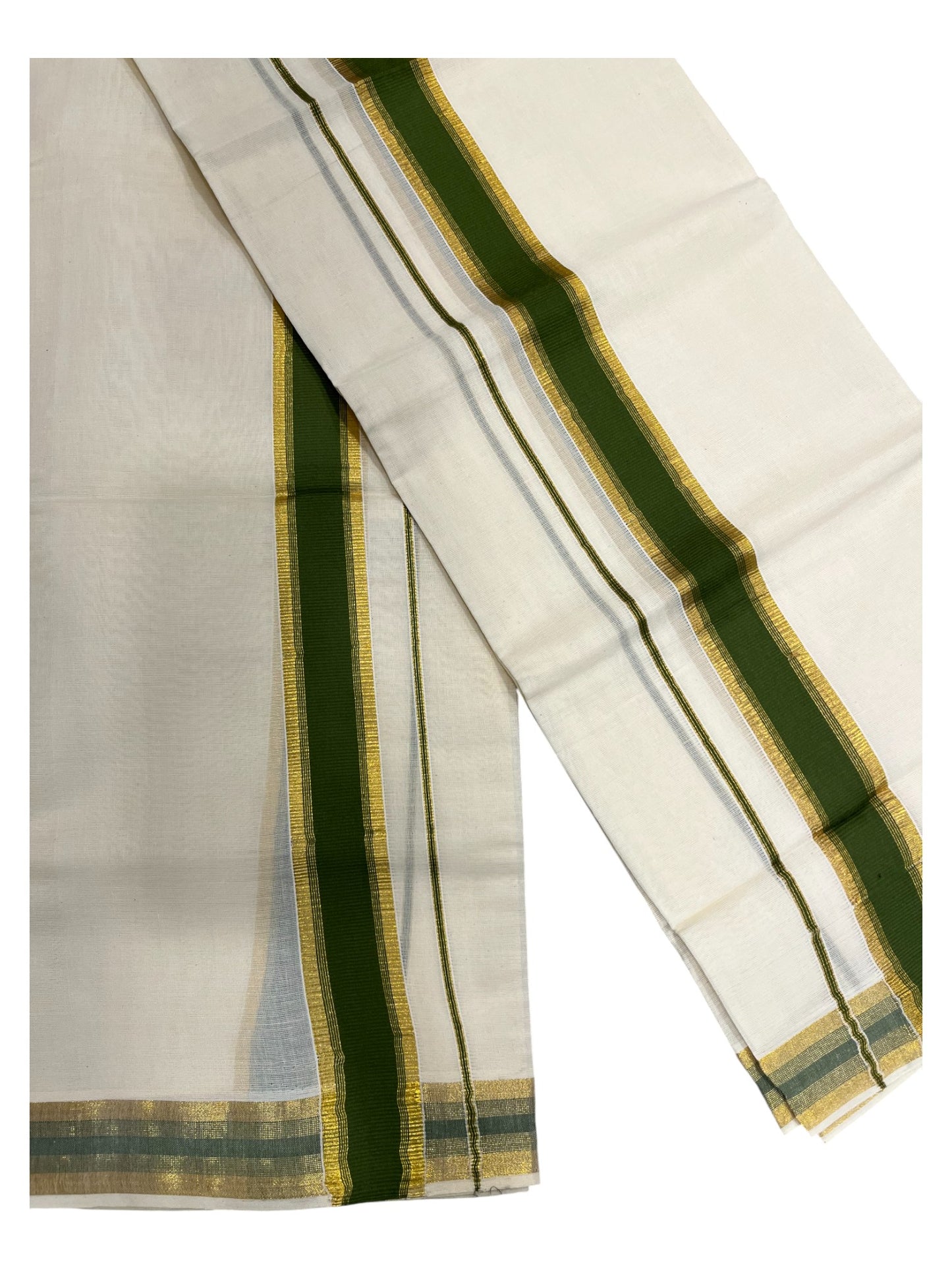 Kerala Cotton Set Mundu (Mundum Neriyathum) with Kasavu and Green Border
