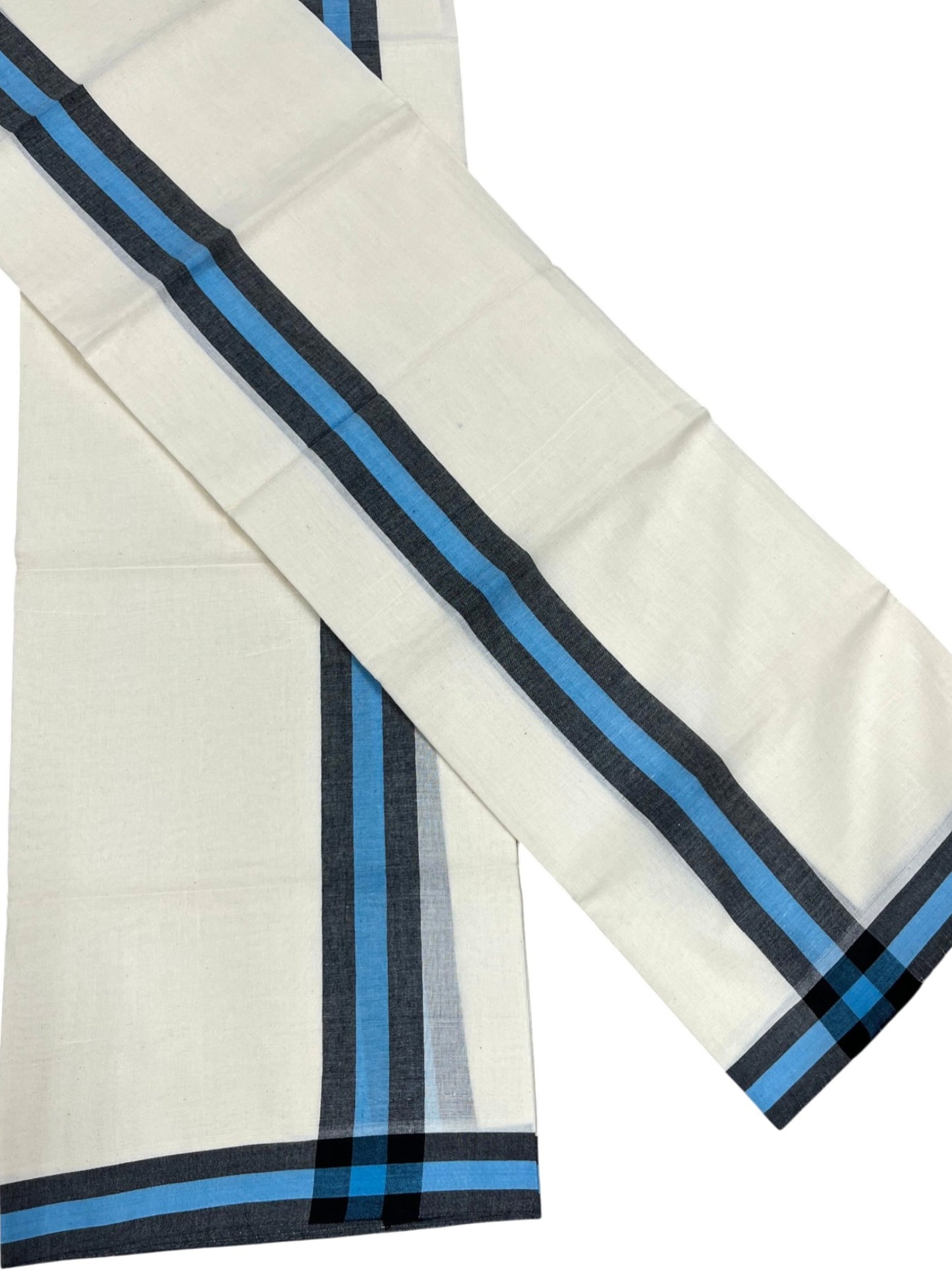 Southloom Pure Cotton Kerala Single Mulloth Set Mundu (Mundum Neriyathum) Black & Blue Border in 2.50 Mtrs SL243