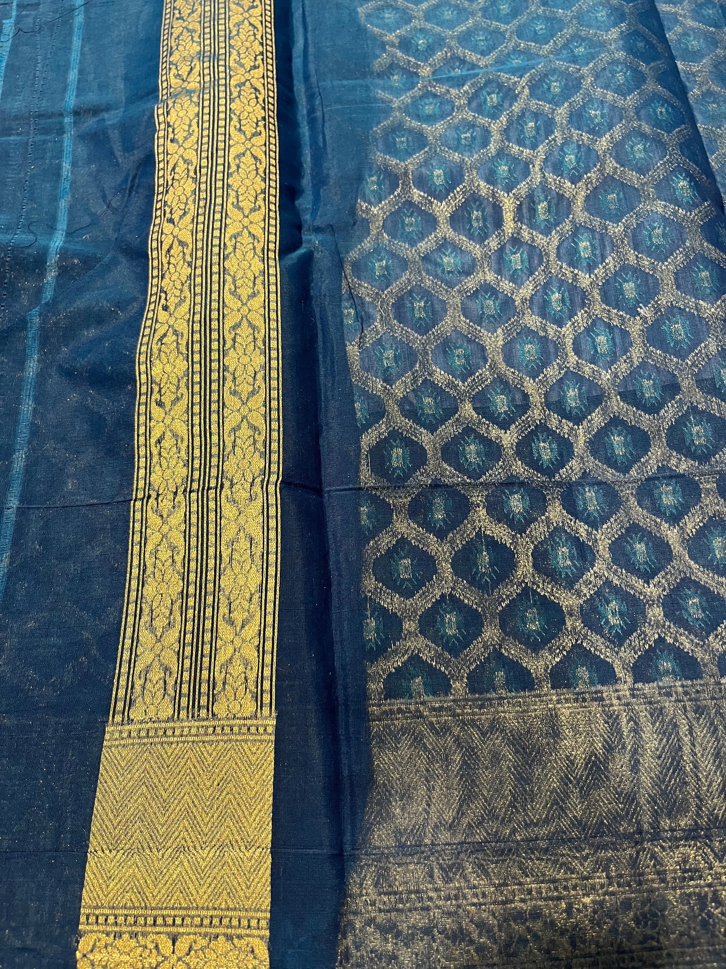 Southloom Cotton Banarasi Silk Saree with Woven Work on Body and Borders (Blue)
