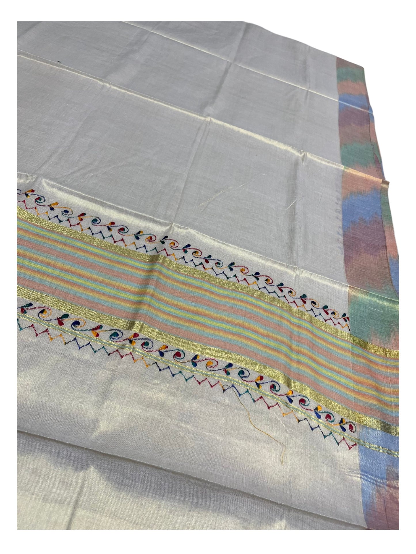 Southloom Kerala Tissue Kasavu Saree with Multi Colour Pochampally Design on Borders and Kara