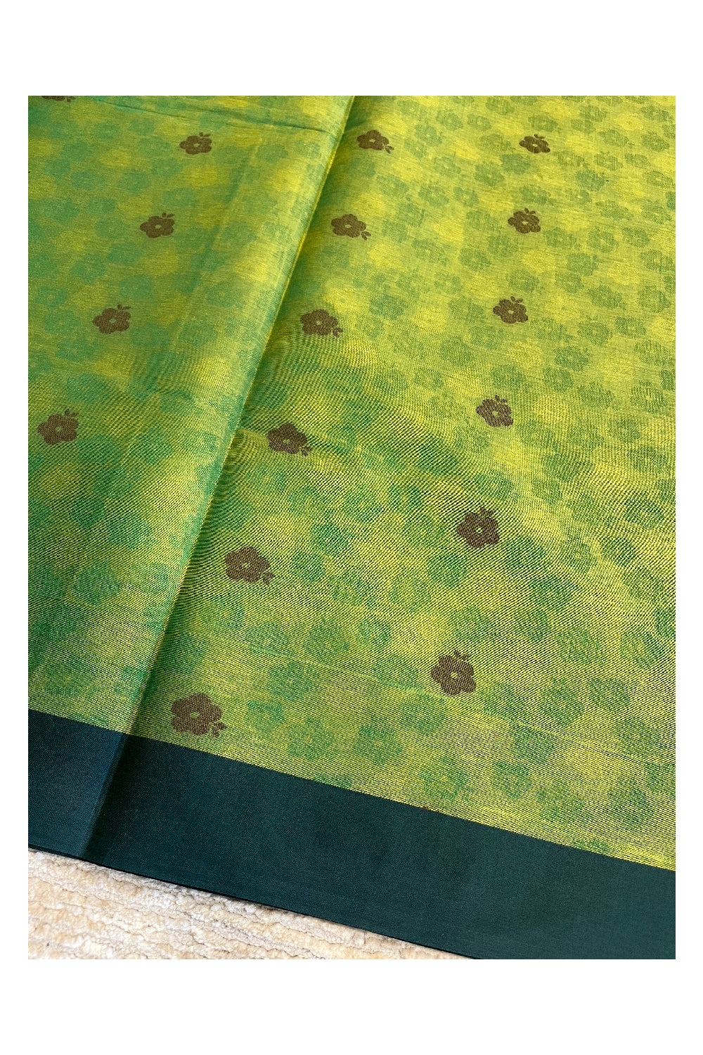 Southloom Kerala Cotton Saree with Floral Woven Works Across Body in Green