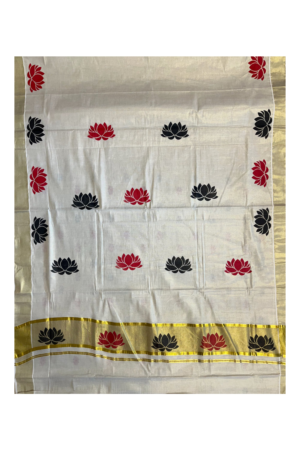 Southloom Kerala Tissue Saree with Black And Red Lotus Block Prints On Kasavu Border