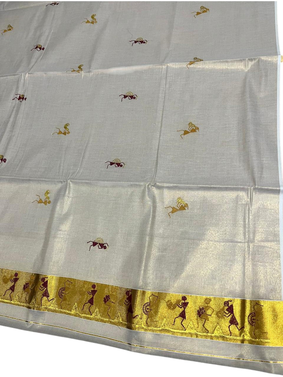 Southloom Kerala Tissue Kasavu Saree with Tribal Folk Art Embroidery Work on Body