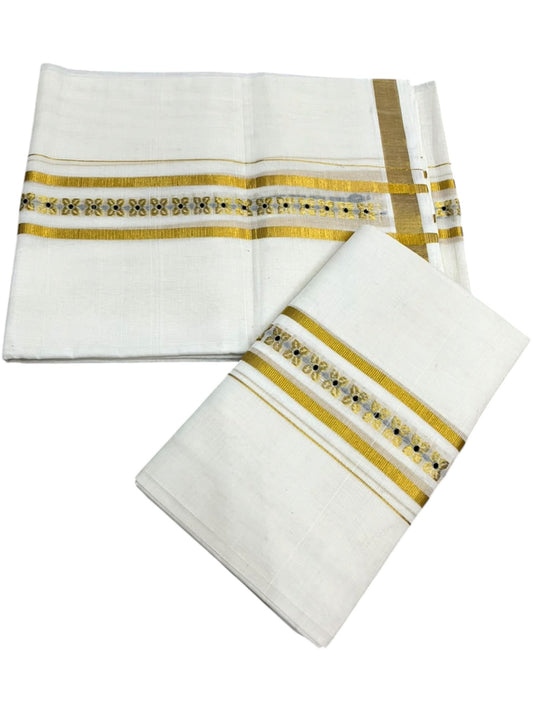 Southloom Premium Cotton Handloom Set Mundu With Black Woven Dots Design And Golde Kasavu Border (2.80 Mtr) SL632