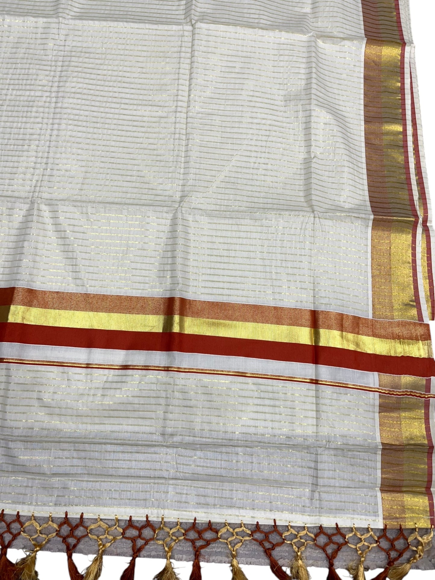 Southloom Pure Cotton Kerala Saree with Gold Kasavu Lines Across Body and Orange Border