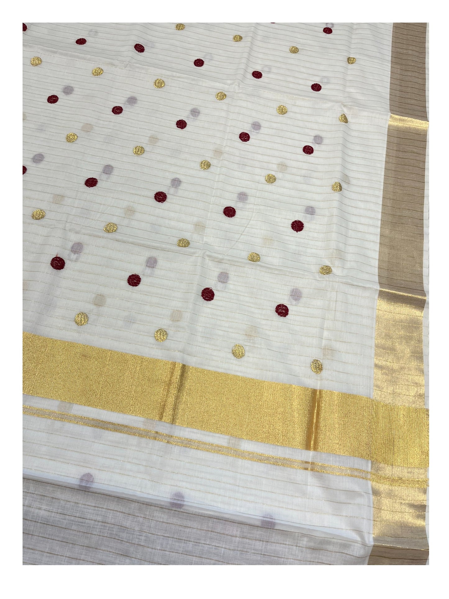 Southloom Kerala Pure Cotton Saree with Gold&Maroon Polka Embroidery Works on Body