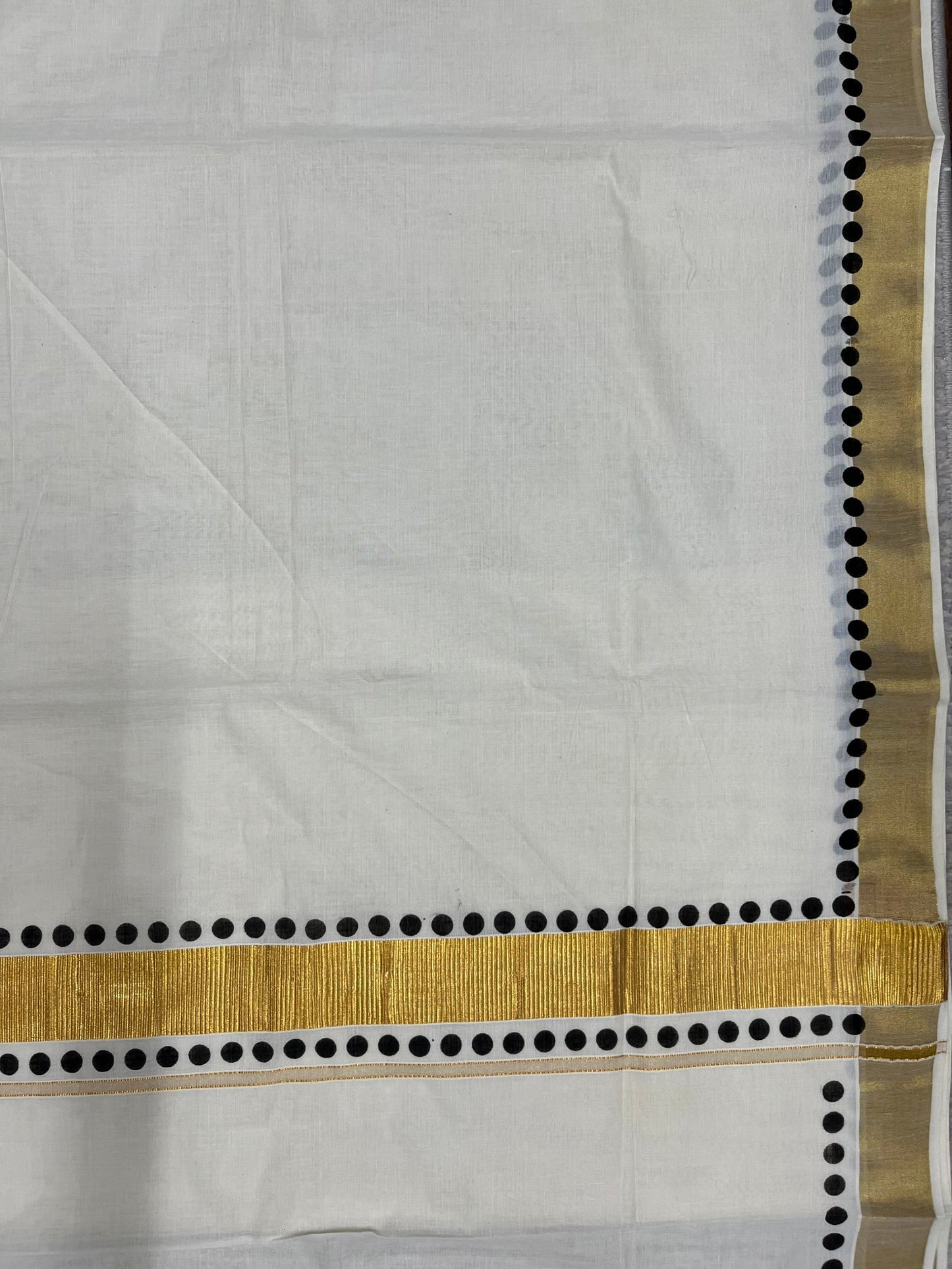Southloom Cotton Kerala Kasavu Saree with Black Polk Dots Design Border