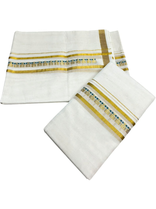 Southloom Premium Cotton Handloom Set Mundu With Peacock Green Woven Dots Design And Golde Kasavu Border (2.80 Mtr) SL632